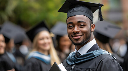 A successful male graduate in an academic gown and cap, holding his degree and standing proudly outdoors with a diverse group of fellow graduates