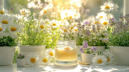 Elegant arrangement of natural beauty products with chamomile and lavender