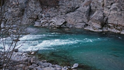 Mountain Rapid Rocky River on Cold Autumn Afternoon