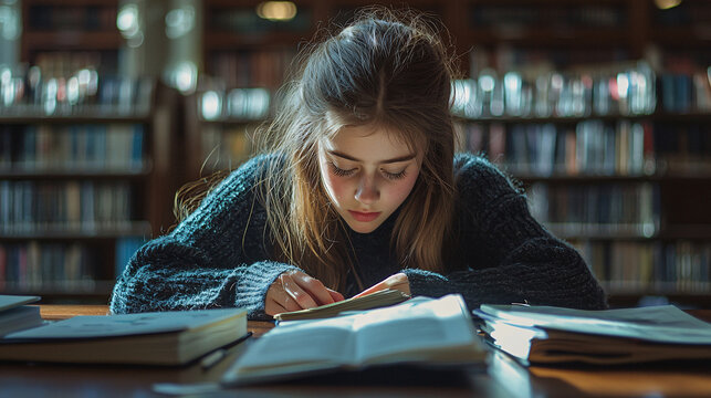 A teenage girl sitting in a public school library, focused on her studies while reading a textbook, symbolizing dedication to education and academic success
