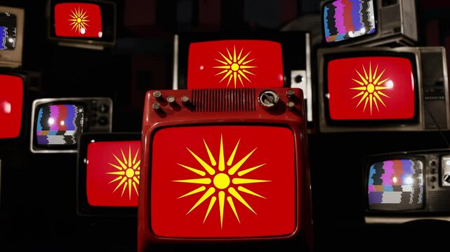 Stacked Retro Televisions Showing Macedonia Flag from 1992 to 1995 - 4K