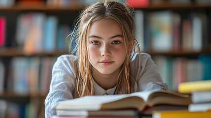 A teenage girl sitting in a public school library, focused on her studies while reading a textbook, symbolizing dedication to education and academic success