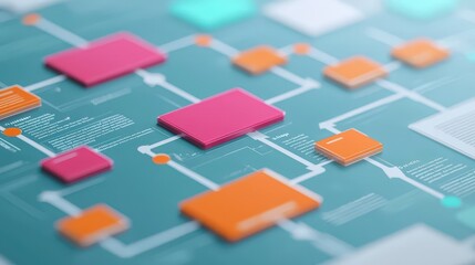 Outsourcing and Finance concept. Abstract flowchart with colorful shapes on a blue background.