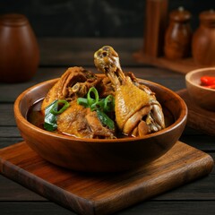 Soy sauce chicken stew with herbs in a rustic bowl