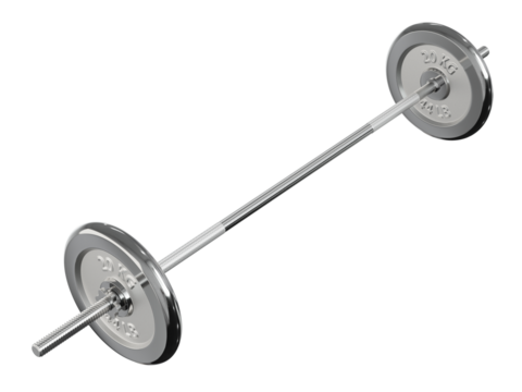 Cast Iron Adjustable Barbell with 20kg or 44lb plates, side view, isolated on white background. 3D illustration