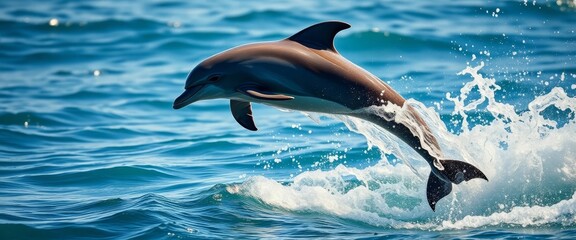 Obraz premium A playful dolphin leaps from the ocean's depths, creating a vibrant splash of water