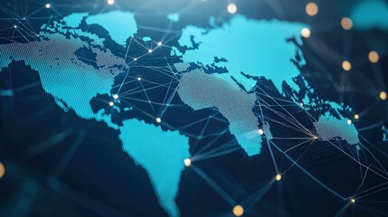 Obraz premium Outsourcing and Finance concept. Digital world map with network connections and light effects.