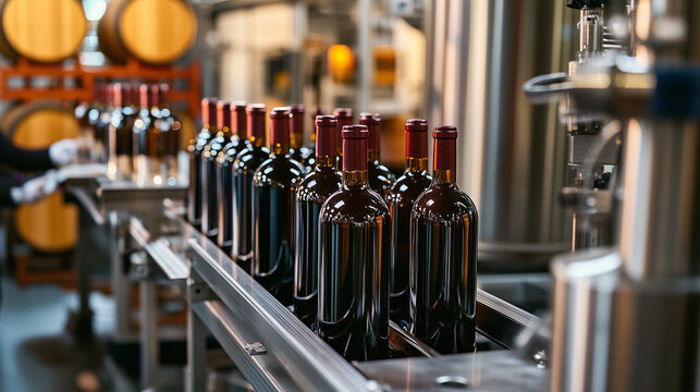 Wine bottles on conveyor belt in winery production area with wooden barrels in background for industry blogs, wine websites, production functions and agricultural education