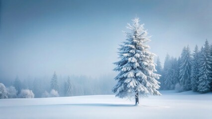 Fototapeta premium Serene Winter Landscape A Single Snow-Covered Evergreen Stands in a Frosty Field, Backlit by a Soft, Misty Dawn.