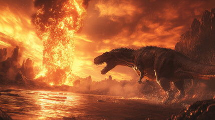 Tyrannosaurus Rex facing fiery volcanic eruption dramatic sunset prehistoric landscape intense heat © PixelPulse AI