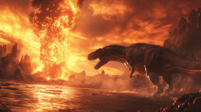 Tyrannosaurus Rex facing fiery volcanic eruption dramatic sunset prehistoric landscape intense heat