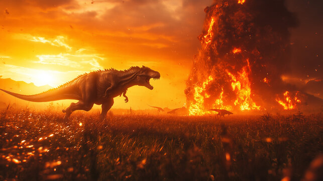 Tyrannosaurus Rex faces fiery extinction event at sunset dramatic fiery landscape intense orange