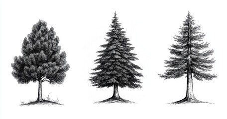 Fototapeta premium Monochrome Trees Illustration Set Featuring Round Triangular and Tiered Shapes