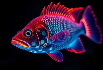 Vibrant Aquatic Creature Illuminated in Neon Hues, a Close-Up Study of Scale and Fin Detail