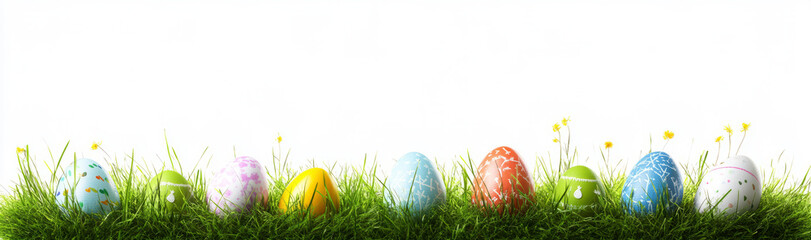 Fototapeta premium Easter banner with colorful eggs in green grass on white background, 
