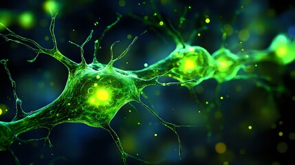 Glowing green neurons with synaptic connections on dark background showing neural network activity and brain cell communication in microscopic detail.