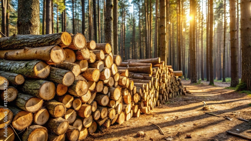 Poster golden hour lumber stacks in a sun-dappled forest path