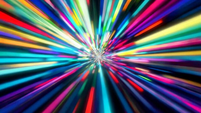 Vibrant neon light streaks forming dynamic kaleidoscope pattern with energetic movement