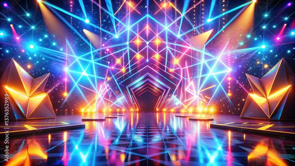 Aufkleber A Futuristic Stage Design with Vibrant Neon Lights and Geometric Structures Illuminated by Dynamic Laser Beams Creating a Spectacular and Enthralling Visual Display