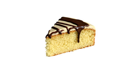 A slice of cake with white frosting and chocolate drizzle on a black background in a studio shot