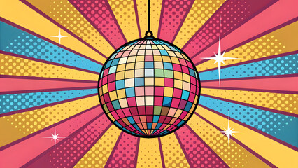 A pop art retro stock illustration with disco ball in a comic book style imitation