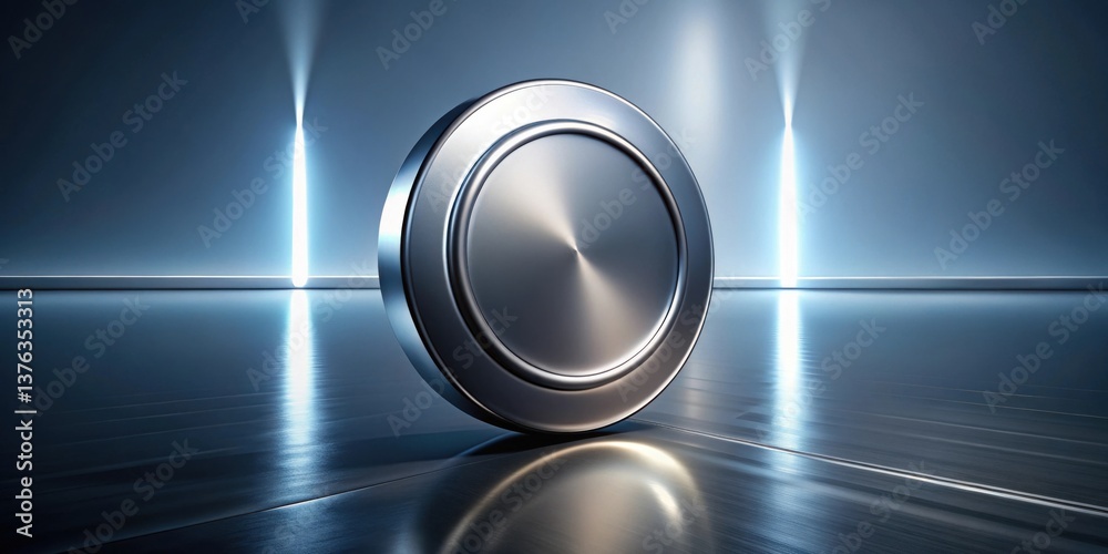 Poster futuristic metallic disc rests on a reflective surface, illuminated by ethereal beams of light