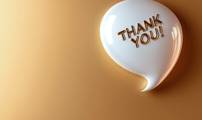 White speech bubble with golden thank you text on warm beige background. Minimalist gratitude message design for business communication and appreciation cards.