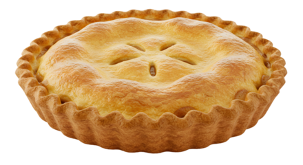A golden brown pie with a decorative crust and a cross shaped vent on top against a black background