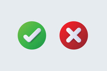 Check mark icon illustrate with right or wrong icons, green tick and red cross checkmarks, yes or no sign, true or false icon and approved or rejected icon. Flat vector illustration.