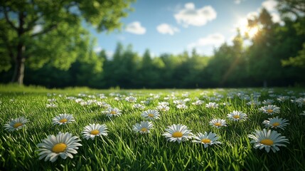 Lush meadow covered in daisies under a clear sky with gentle sunshine