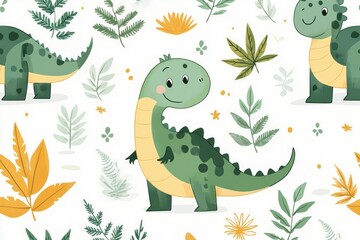 A delightful pattern features cheerful cartoon dinosaurs among vibrant leaves and flowers, creating a whimsical and playful design