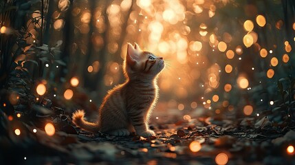 Adorable kitten playing in a magical forest, captured with long exposure photography. --