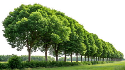 Forest and green foliage in summer. Row of trees and shrubs isolated on a transparent background. Forest scape. 