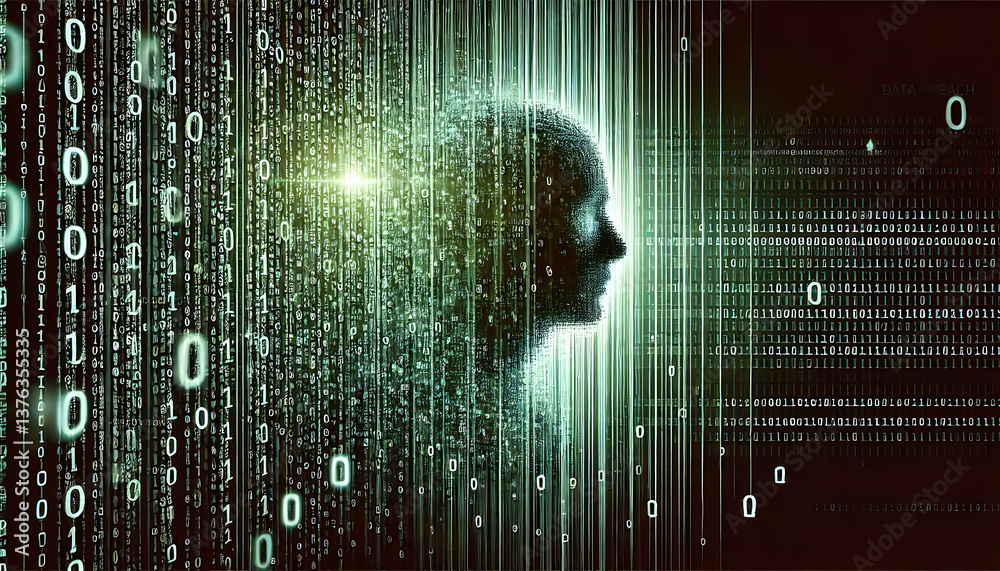 Wall mural silhouetted human face made from glowing binary code, symbolizing ai, data processing, and digital i