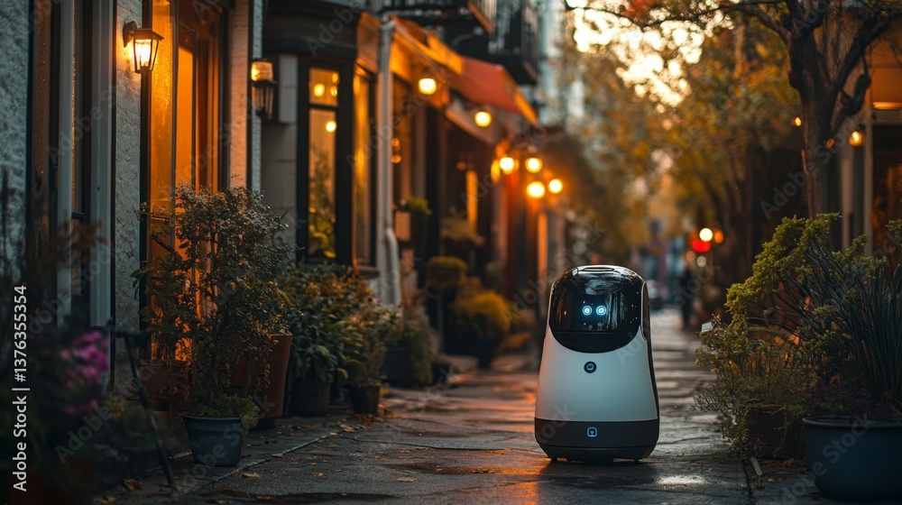 Poster a delivery robot moves down a quiet city street, illuminated by soft lights from nearby establishmen
