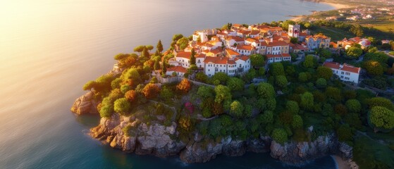 Aerial view of a stunning coastal village perched on a lush green cliff overlooking the tranquil ocean du a breathtaking sunset glow and colors