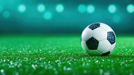 Fototapeta premium Soccer Ball on Green Field Under Stadium Lights