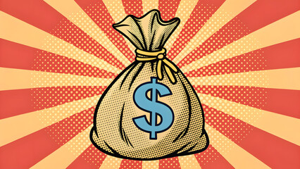 A pop art retro stock illustration with money bag with dollar sign in a comic book style imitation