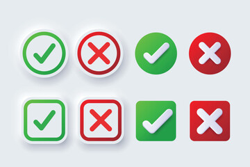 Check mark icon illustrate with right or wrong icons, green tick and red cross checkmarks, yes or no sign, true or false icon and approved or rejected icon. Flat vector illustration.