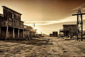 Deserted Western Ghost Town, Abandoned Main Street, Sepia-Toned Frontier Settlement, Historic Wooden Buildings, Dramatic Sky, Empty Saloon Town, Weathered Storefronts