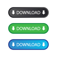 Set of three colorful download buttons in black, green, and blue with arrow icons. Perfect for websites, apps, digital interfaces, and UI/UX designs. Ideal for web development and online platforms.