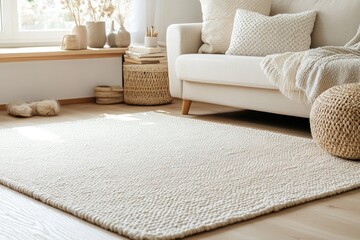 Cozy living room featuring stylish beige rug, soft pillows, and