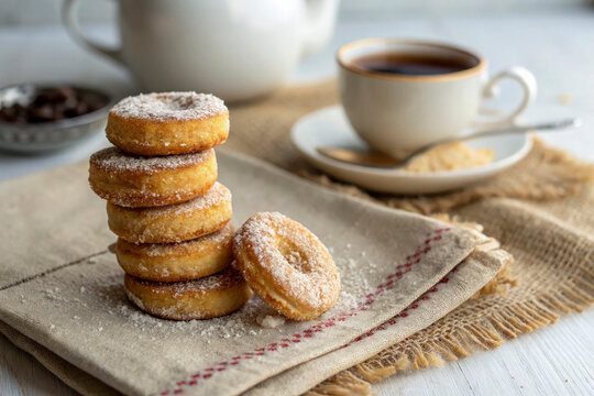 A small stack of golden-brown, sugar-dusted bubliki, arranged casually on a rustic linen napkin. The sugar glistens under the soft natural light, while a cup of black tea in the background