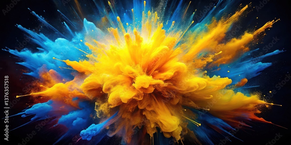 Poster Dynamic abstract image of a vibrant explosion of yellow and blue pigments, creating a captivating visual spectacle of color and movement.