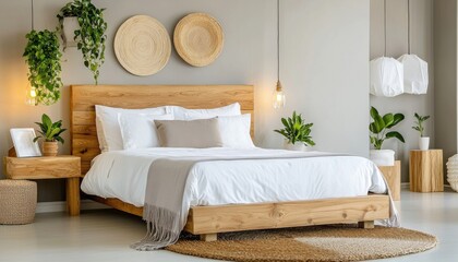Explore a serene bedroom retreat with natural light, showcasing a wooden bed frame adorned with crisp white linens and a cozy beige throw Discover the calming effect of indoor plants, strategically