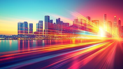 Obraz premium City skyline lights up with streaks of motion, waterfront, sunrise, for technology