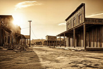 Abandoned Western Ghost Town, Old West Wooden Buildings at Sunset, Deserted Frontier Street in Sepia Tone, Dusty Historical Town Scene, Dramatic Golden Hour Lighting, Weathered Architecture