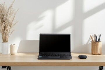Fototapeta premium Minimalist workspace features sleek laptop, natural light, and d