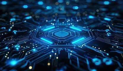Abstract circuit board with glowing blue lines. Detailed close-up view of intricate electronic pathways