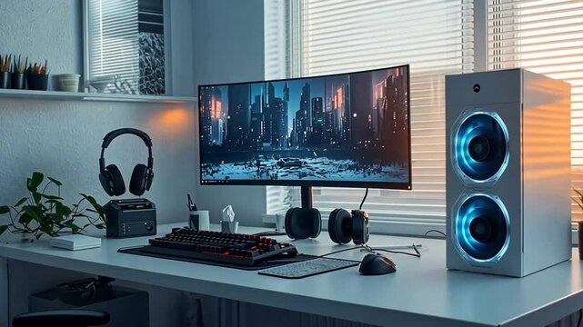 Modern Gaming Setup: Sleek Desk, Curved Monitor, and Ambient Lighting